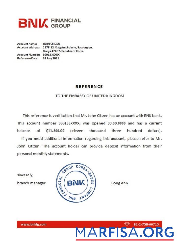 Blank Korea BNK bank reference sample